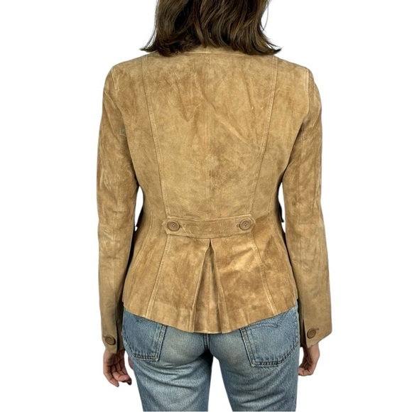 ANN TAYLOR LOFT SUEDE LEATHER TAN RETRO SINGLE BUTTON COLLARED BLAZER JACKET - Picture 2 of 13